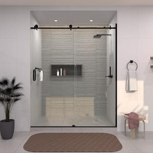 60 in. W x 76 in. H Sliding Semi-Frameless Shower Door in Matte Black Finish with Clear Glass