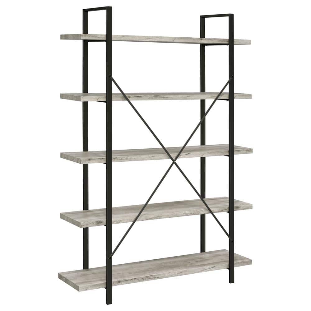 70" Gray Driftwood and Gunmetal 5-Shelf Bookcase
