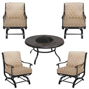Redwood Valley Black 5-Piece Steel Outdoor Patio Fire Pit Seating Set with CushionGuard Toffee Trellis Tan Cushions