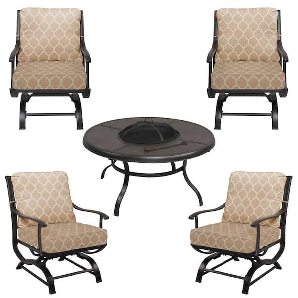 Hampton Bay Redwood Valley Black 5-Piece Steel Outdoor Patio Fire Pit Seating Set with CushionGuard Toffee Trellis Tan Cushions
