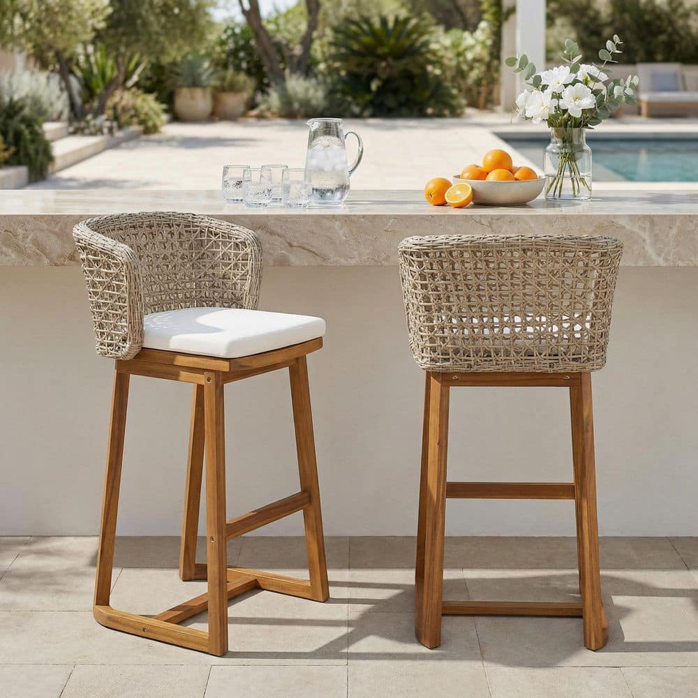 Teak Finish with Handwoven Wicker Back and Plush Cushion Acacia Wood Outdoor Lounge Chair Set of 2 in Beige price history on PriceWatchPro