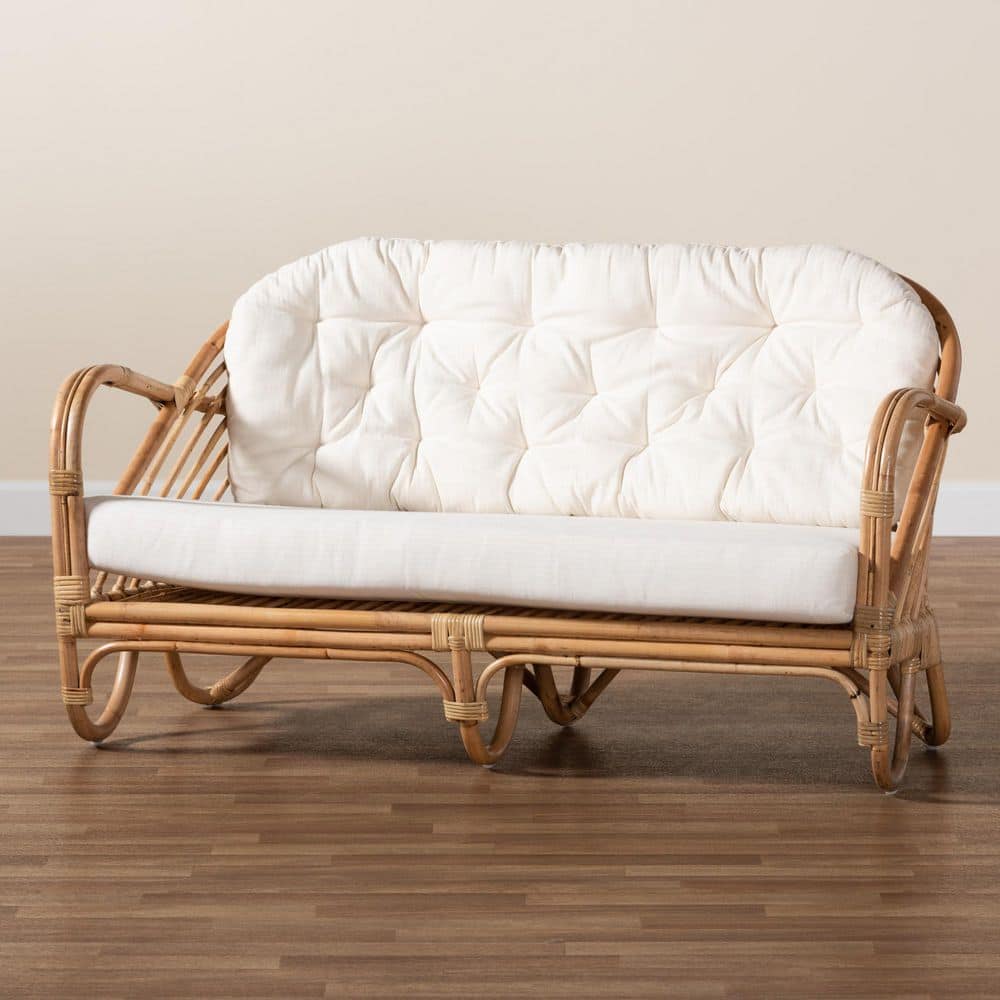 Natural Rattan Loveseat with Tufted Off-White Cushions