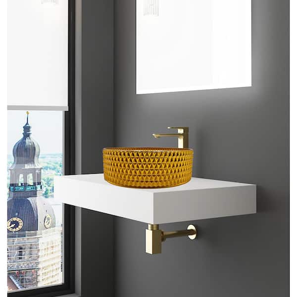 30 in. Wall Mounted Bathroom Countertop Shelf in White Solid Surface with Gold Round Glass Vessel Sink