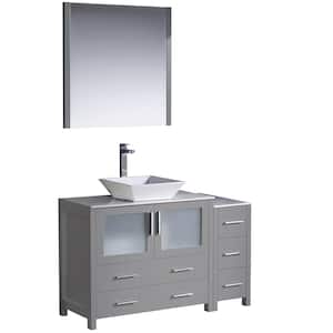 Torino 48 in. Bath Vanity in Gray with Glass Stone Vanity Top in White with White Vessel Sink, Side Cabinet and Mirror