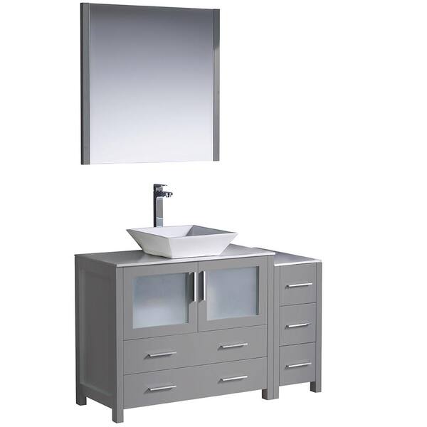 Fresca Torino 48 in. Bath Vanity in Gray with Glass Stone Vanity Top in White with White Vessel Sink, Side Cabinet and Mirror