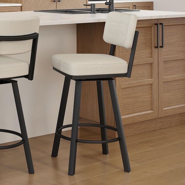Alek 30.75 in. Cream Boucle Polyester / Black Metal Swivel Bar Stool