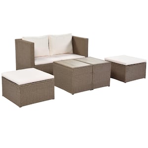 Brown 6-Piece Rattan Wicker Outdoor Sectional Set with 2 Tea Tables and Beige Cushions