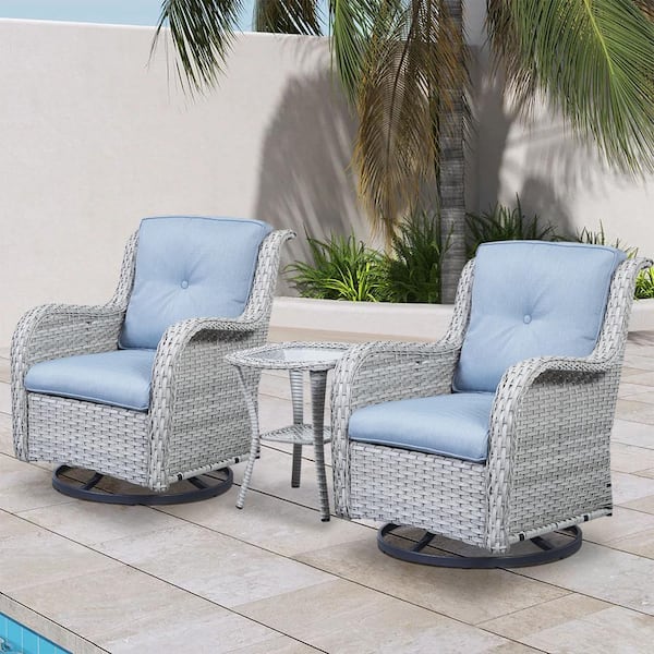 Carolina Light Gray 3-Pieces Wicker Patio Conversation Deep Seating Set with Olefin Baby Blue Cushions