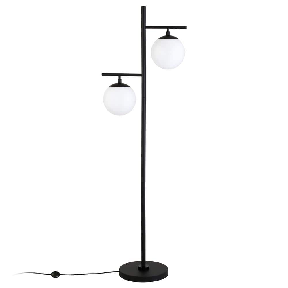 Blackened Bronze Mid-Century Modern Floor Lamp with Milk Glass Shades