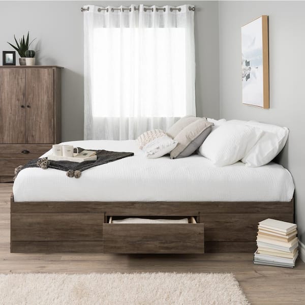 Drifted Gray Queen Platform Storage Bed, Tall Queen Bookcase Platform Storage Bed