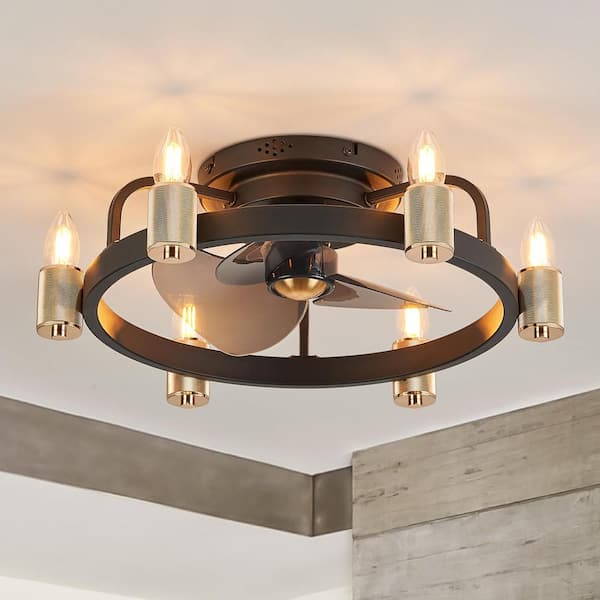 Pacific Core 20 in. Indoor Black and Gold Farmhouse Rustic Vintage Flush Mount Ceiling Fan with Light with Remote Included