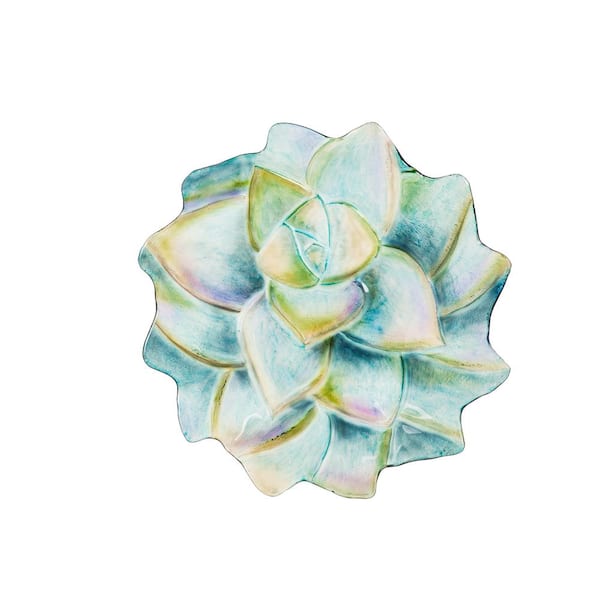 Evergreen 18 in. Succulent Hand Painted and Embossed Shaped Glass Bird Bath