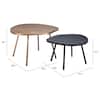 Dimension diagram for a set of gold and black round coffee tables.