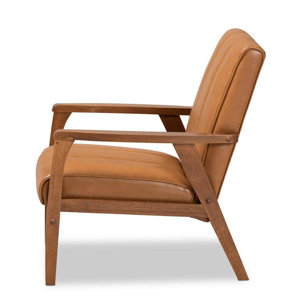 Ergonomic Mid-Century Tan Faux Leather & Walnut Wood Accent Chair