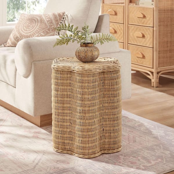 MODWAY Erika 16.7 in. Scalloped Natural Rattan Side End Table in