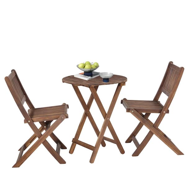 Unbranded 3-Piece Rustic Brown Acacia Wood Bar Set, Folding, for Garden Backyard Balcony, with 1 Coffee Table, 2 Foldable Chairs
