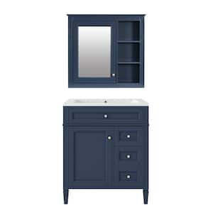 30 in. W. x 18 in. D x 33 in. H Single Sink Bath Vanity in Blue with White Resin Top, Left Door and Mirror Cabinet