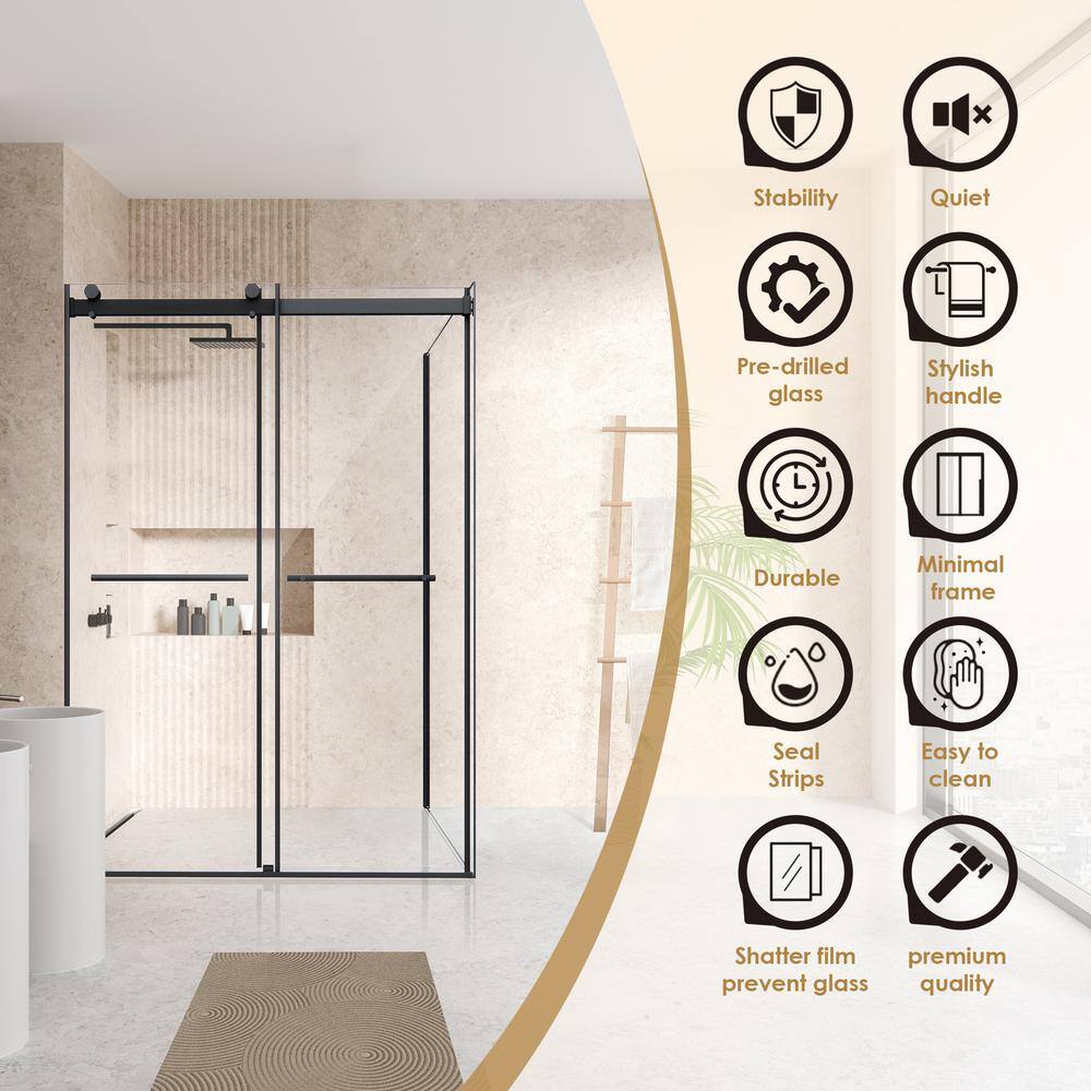 Belizzi 52" W x 76" H Frameless Matte Black Shower Enclosure with Clear Glass