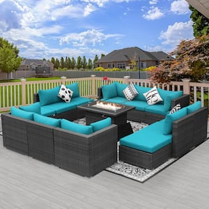 Large Gray 13-Piece 12-Seats Wicker Patio Fire Pit Sofa Set with Teal Cushions Ottomans and 43 in. Fire Pit Table