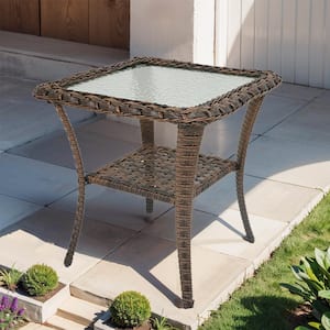 Carlos Brown PE Wicker Outdoor Side Table, Square Patio Coffee Table With Glass Top