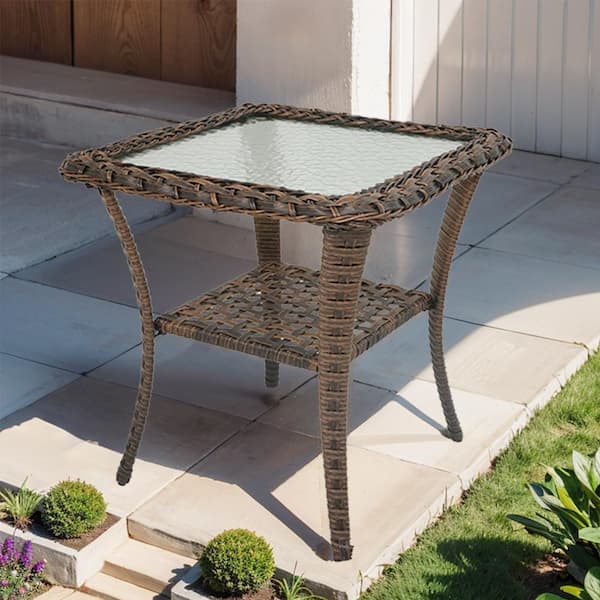 Gymojoy Carlos Brown PE Wicker Outdoor Side Table, Square Patio Coffee Table With Glass Top