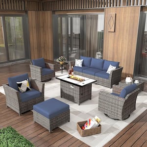 Vesta Gray 10-Piece Wicker Outerdoor Patio Rectangular Fire Pit Set with Denim Blue Cushions and Swivel Rocking Chairs