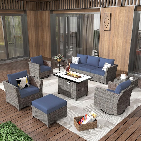 XIZZI Vesta Gray 10-Piece Wicker Outerdoor Patio Rectangular Fire Pit Set with Denim Blue Cushions and Swivel Rocking Chairs