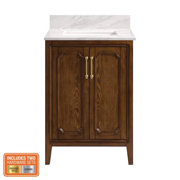 Simsbury 25 in. Single Sink Cinnamon Oak Bath Vanity with Calacatta White Engineered Stone Top (Assembled)