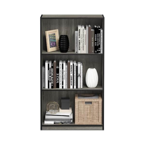 Furinno 39.5 in. French Oak Gray/Black Wood 3-shelf Standard Bookcase with Storage