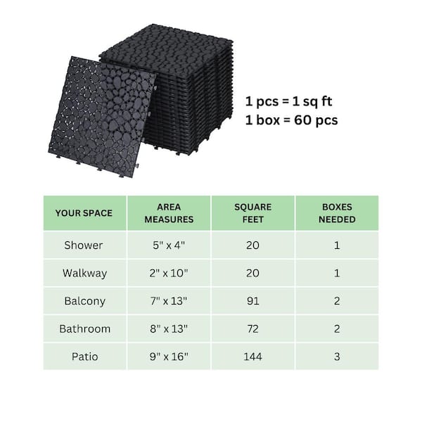 GOGEXX 1 ft. x 1 ft. PVC Deck Tiles Black 60 of Tiles Interlocking
