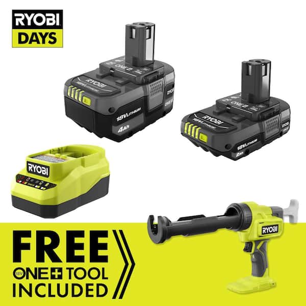 ONE+ 18V Lithium-Ion 4.0 Ah Battery, 2.0 Ah Battery and Charger Kit with FREE ONE+ Cordless 10 oz. Caulk & Adhesive Gun