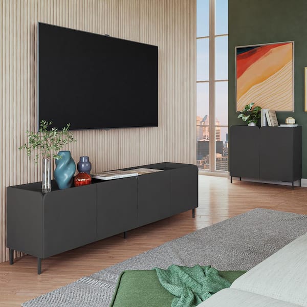 Manhattan Comfort Bogardus 2-Piece Black Mid-Century Modern TV Stand Living Room Set Fits TV's up to 65 in. with Accent Cabinet