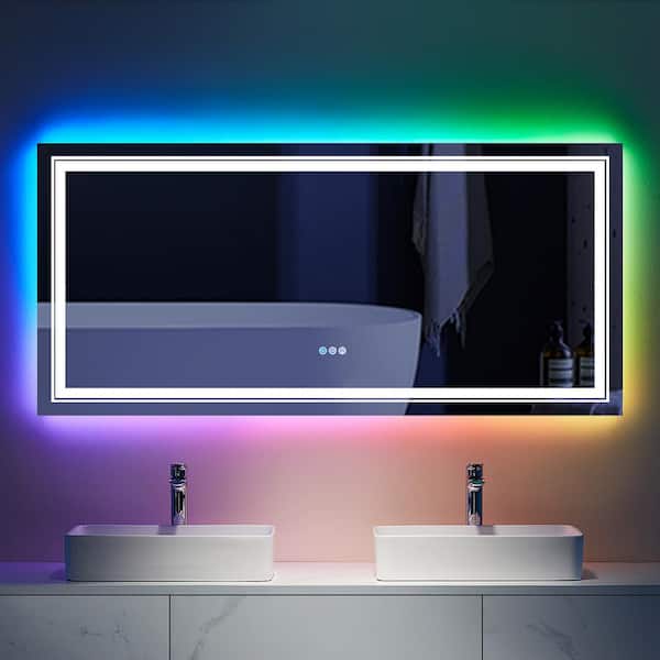 UPIKER 60 in. W x 28 in. H Rectangular Frameless LED Anti Fog Backlit and Front Lighted Wall Bathroom Vanity Mirror in RGB