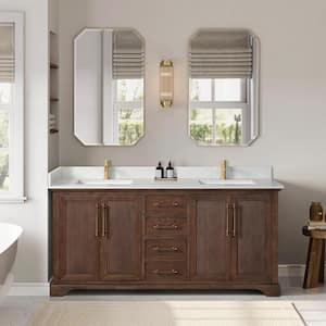 Tokyo 72 in. W. x 22 in. D x 33.9 in. H Double Bath Vanity in Aged Dark Brown Oak with Silk White Quartz Stone Top