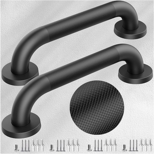 12 Inch Anti-Slip Bathroom Safety Grab Bars Stainless Steel Handles Knurled Grip for Elderly & Handicap Black 2 Pack