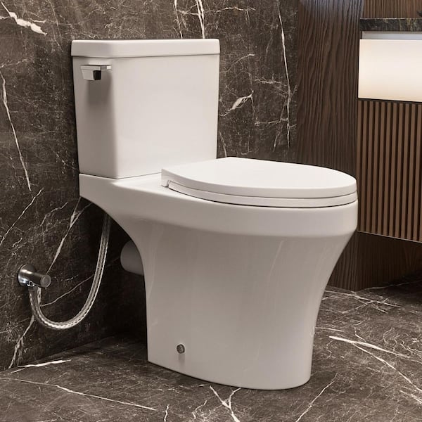 18 in. Rear Discharge Toilet Comfort Height, 1.28 GPF Rimless Flush, Elongated Bowl, Glossy White, Two Extension Pipes