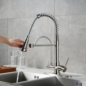 Double Handle 17.5 in. H 360° Swivel Pull Down Sprayer Kitchen Faucet with Water Filter Faucet Combo in Brushed Nickel