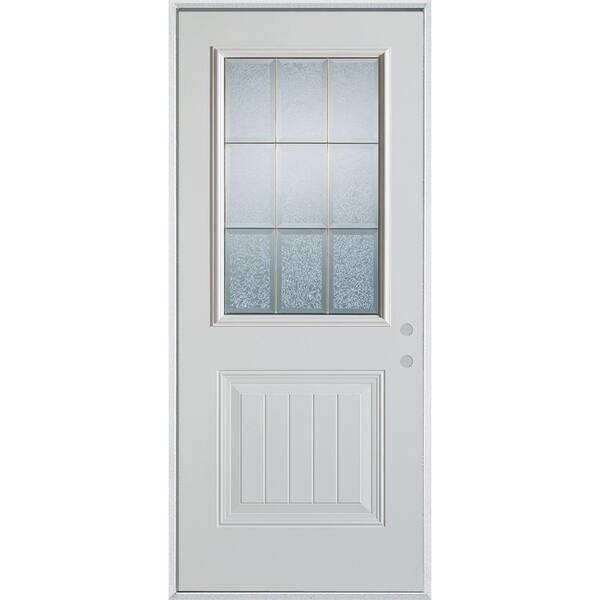 Stanley Doors 32 in. x 80 in. Geometric Clear and Brass 1/2 Lite 1-Panel Painted White Left-Hand Inswing Steel Prehung Front Door