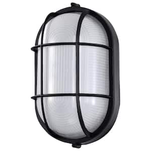Nuvo 11.03 in. x 6.46 in. Black Hardwired Integrated LED Bulkhead Light with White Glass Shade