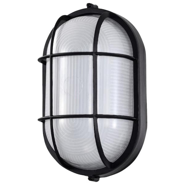 SATCO Nuvo 11.03 in. x 6.46 in. Black Hardwired Integrated LED Bulkhead Light with White Glass Shade
