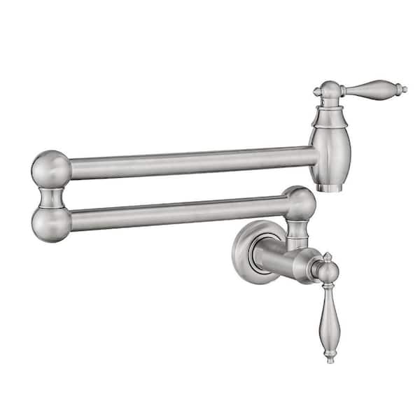 Wall Mounted Pot Filler Faucet with Cross Handle, Double Handle Single Hole Folding Joint Swing Arm in Brushed Nickel