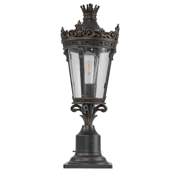 1-Light Black Golden Vintage Metal Outdoor Waterproof Post Light with Clear Glass Shade, E26 Base, No Bulb Included