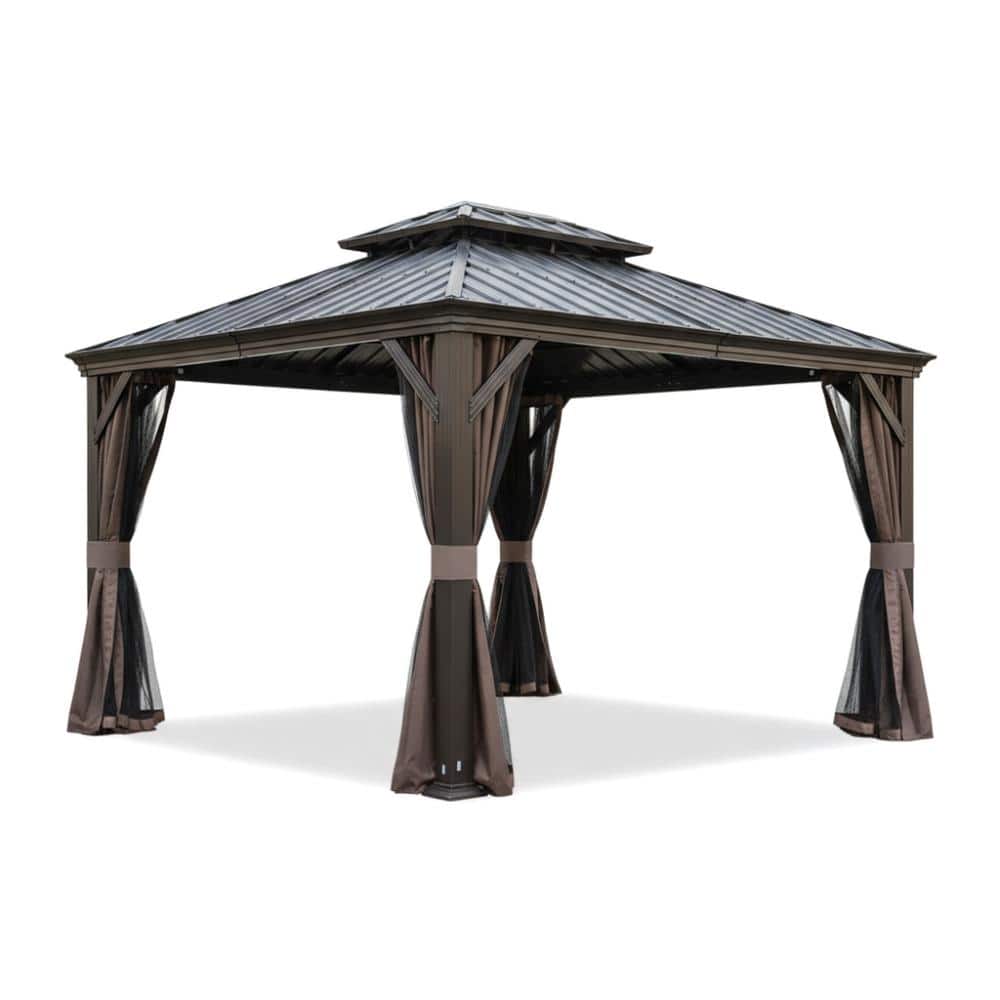 10 ft. x 13 ft. Brown Metal Outdoor Gazebo with Double Roof, Curtain and Netting for Patio Deck Backyard price history on PriceWatchPro