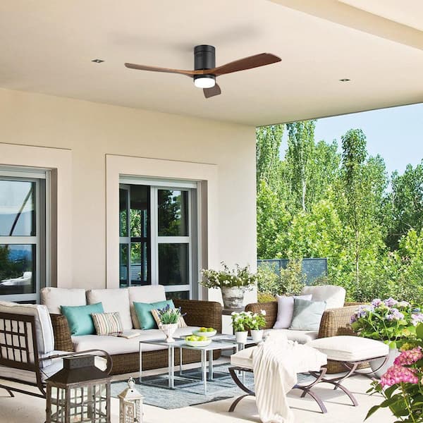 52 in.Indoor/Outdoor Flush Mount Black LED Ceiling Fan with 3-Reversible Wood Blades, 6-Speed DC Remote Control