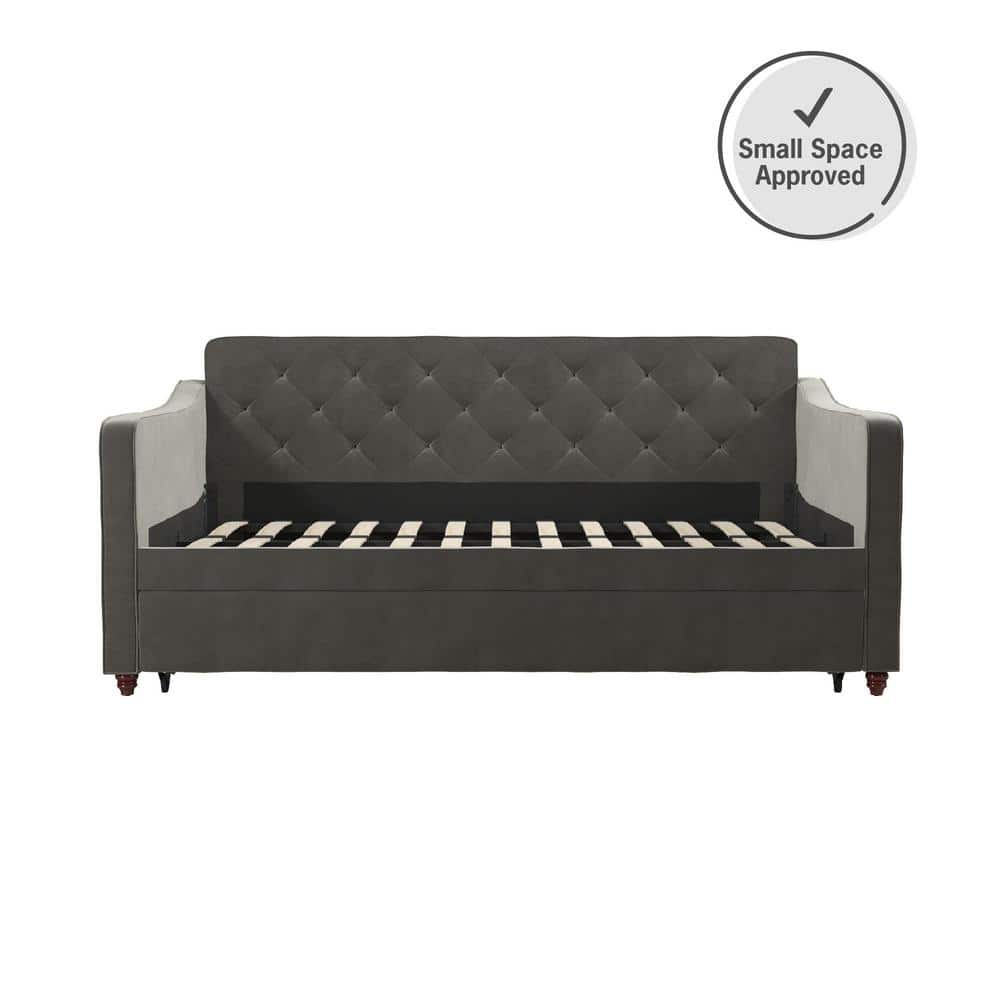 Twin Gray Velvet Upholstered Daybed with Tufted Backrest