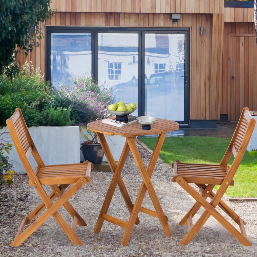 Light Brown 3-Piece Wood Outdoor Bistro Set with 1 Coffee Table and 2-Folda