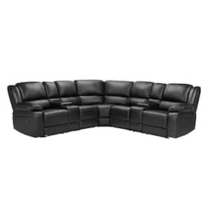 108.25''W Black Rolled Arm 3-Piece PU Leather U-Shaped Mannual Motion Sectional Sofa in Black Family