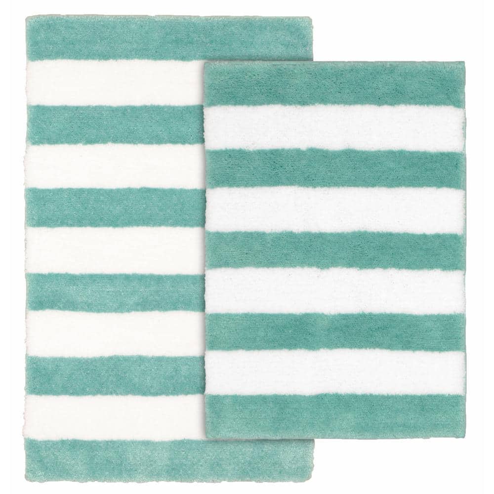 Beach Stripe Sea Foam and White 21 in. x 34 in. Stripe Nylon Polyester 2-Piece Bath Mat Set price history on PriceWatchPro