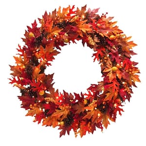 36 in. Artificial Maple Wreath with Clear Lights