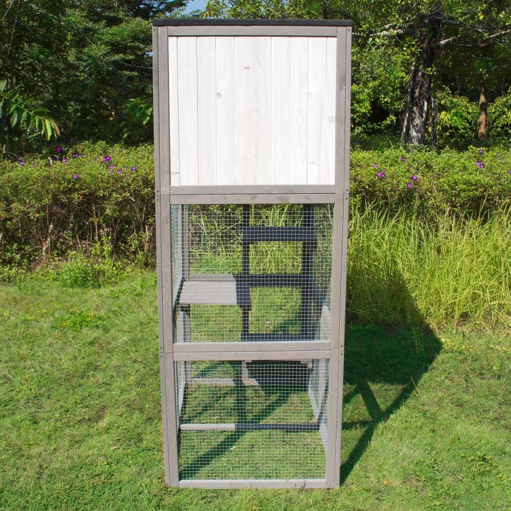 Gray and White Wooden Outdoor Cat House with Climbing Platforms